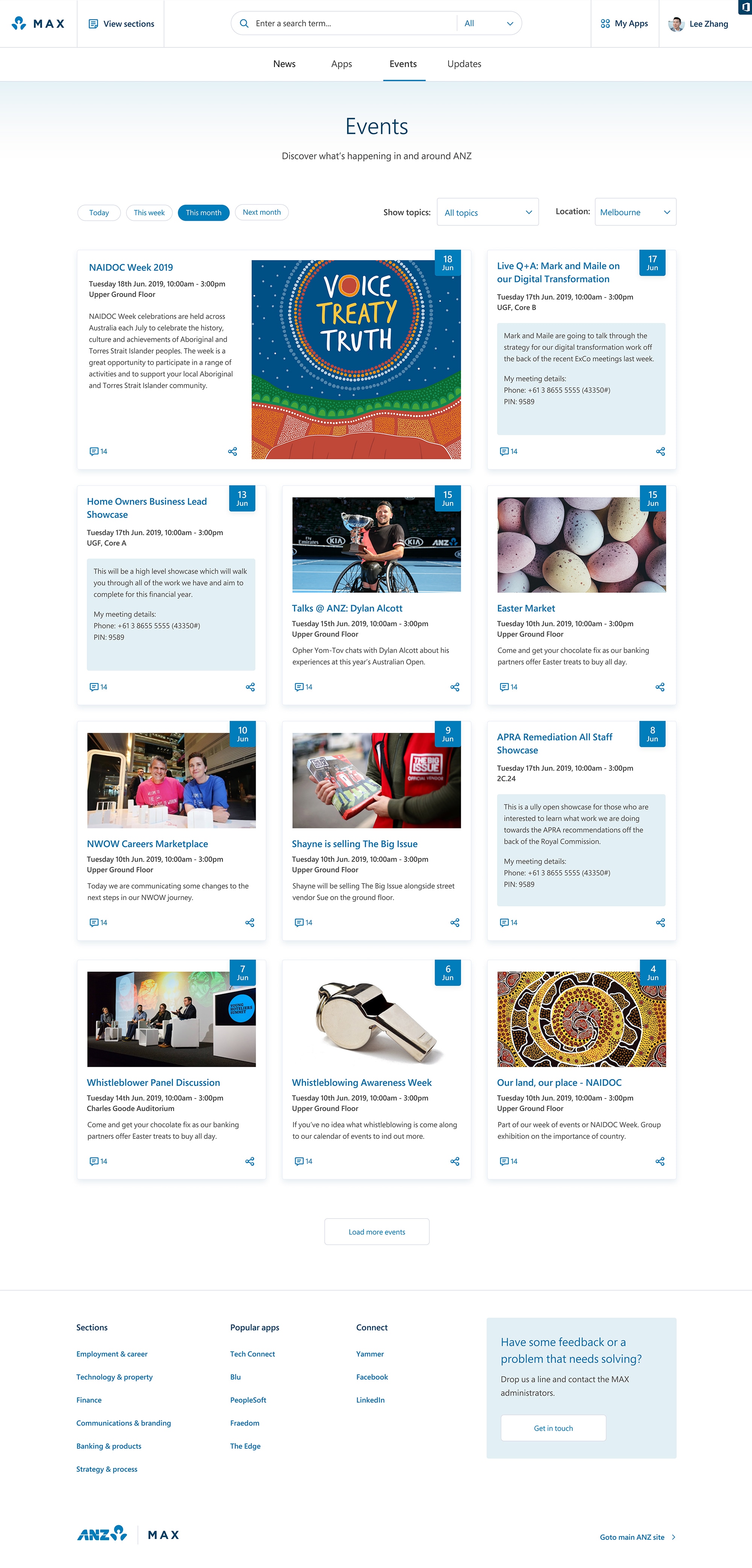 The events listing page showcases a variety of content tiles and media formats.