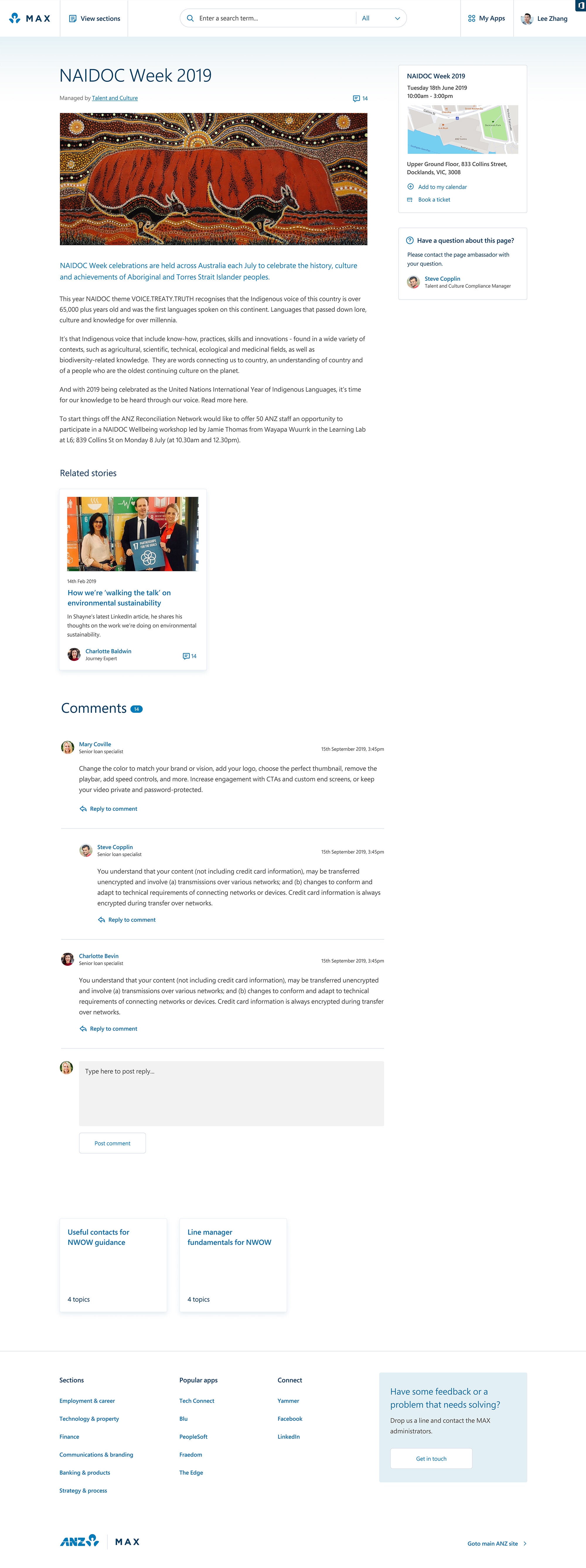 The events detail page showing essential information and contextual links. 