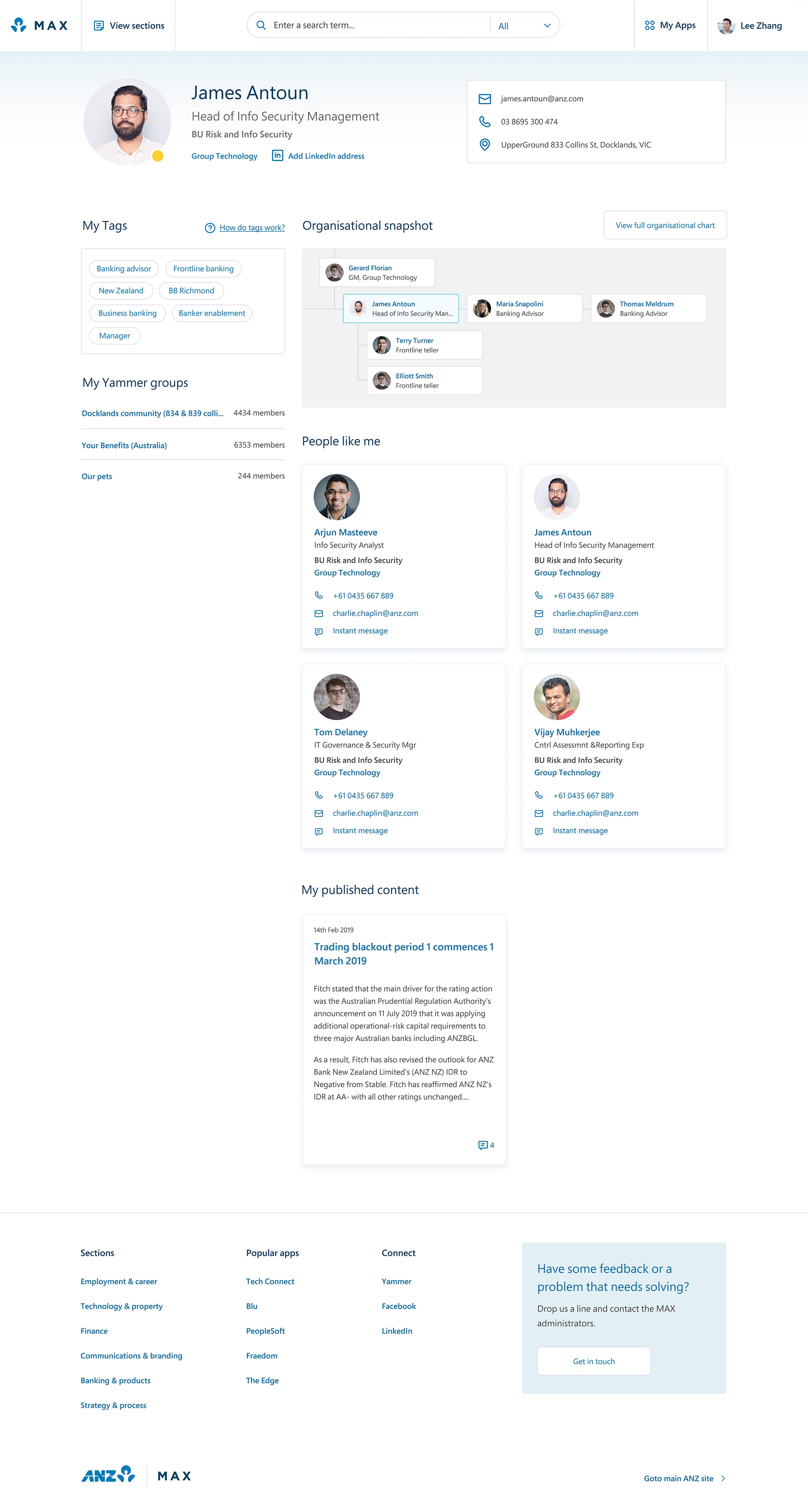 The employee detail page showing an organisational tree and personalisation tags.